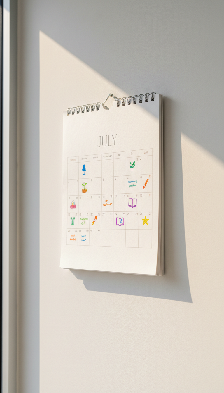 A clean, minimalistic wall calendar featuring textured, lightly embossed pages with the month and dates displayed in elegant sans-serif numerals. Each date square has a colorful notation (like small icons for community events) hand-drawn in vibrant ink. The calendar is mounted on a smooth white wall in a sunlit foyer, with subtle reflections casting a warm glow across the scene. Soft morning light enters from the left, creating gentle shadows and soft highlights on the surface. Presented from a slightly elevated angle with sharp focus, the mood is welcoming and organized. The artistic style is modern, clean, and bright, aligning with a practical yet inviting community resource.